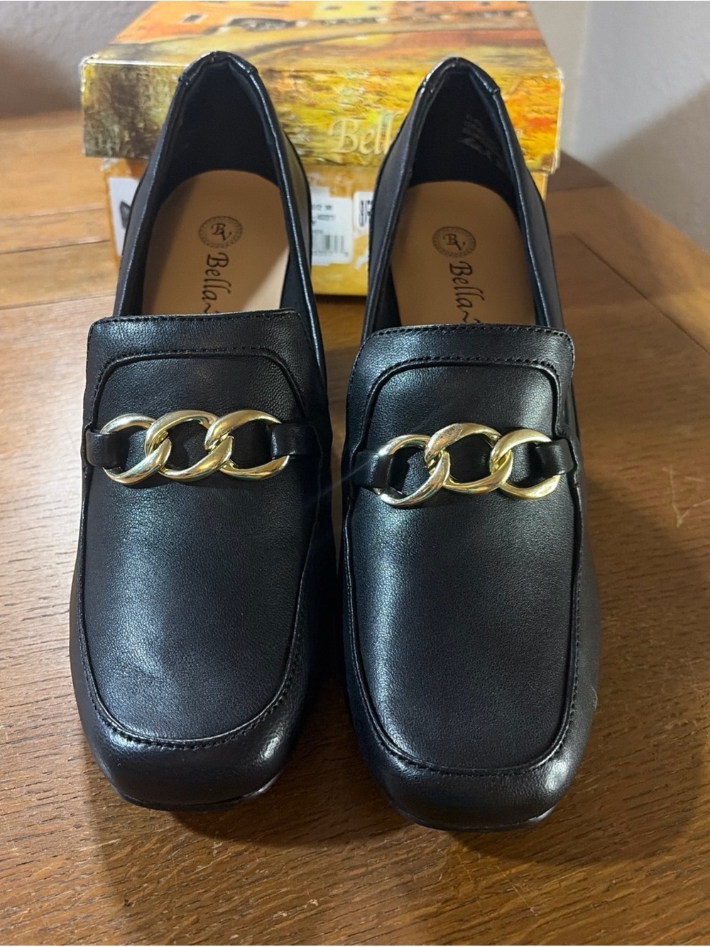 Bella Vita Black Loafers with Gold Chain Accent